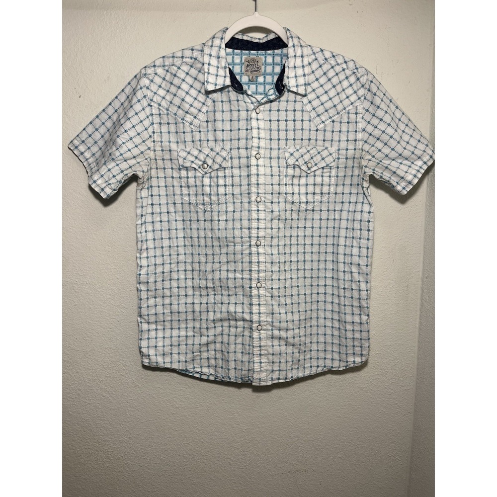 Moonshine Spirit Western Shirt Mens Small Blue Plaid Pearl Snap Rodeo Country
